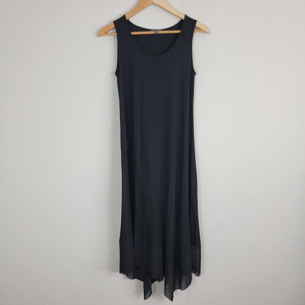 Eileen Fisher Dress Women XXS Black Rayon Solid V Neck Pullover‎ Sheer Hem